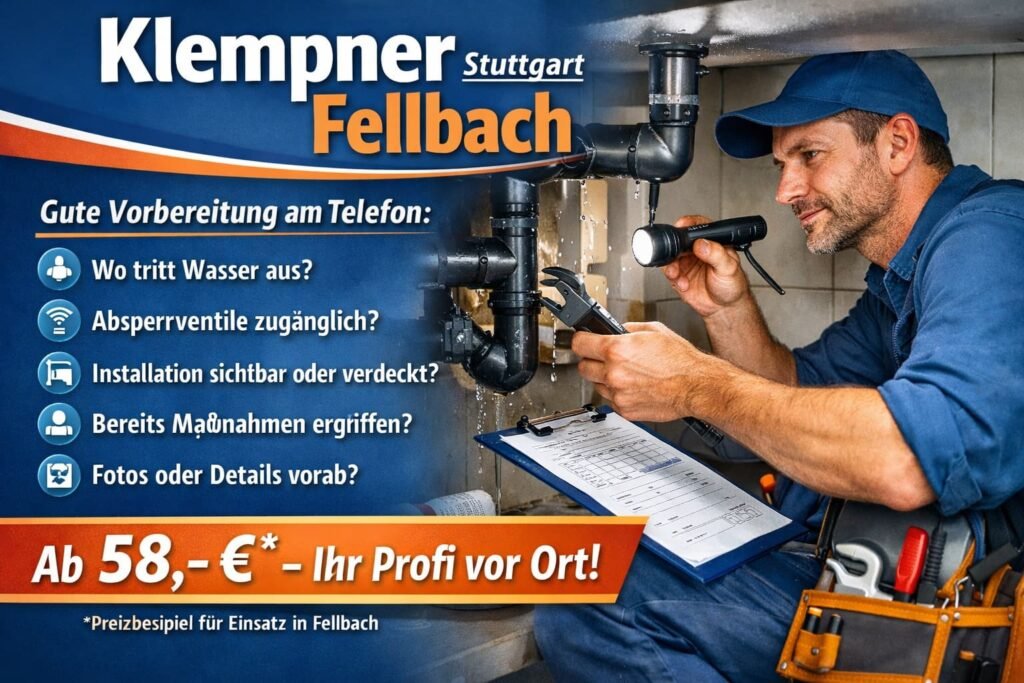 Klempner Stuttgart in Fellbach repariert Wasserleck unter Spüle – schneller Service ab 58 €