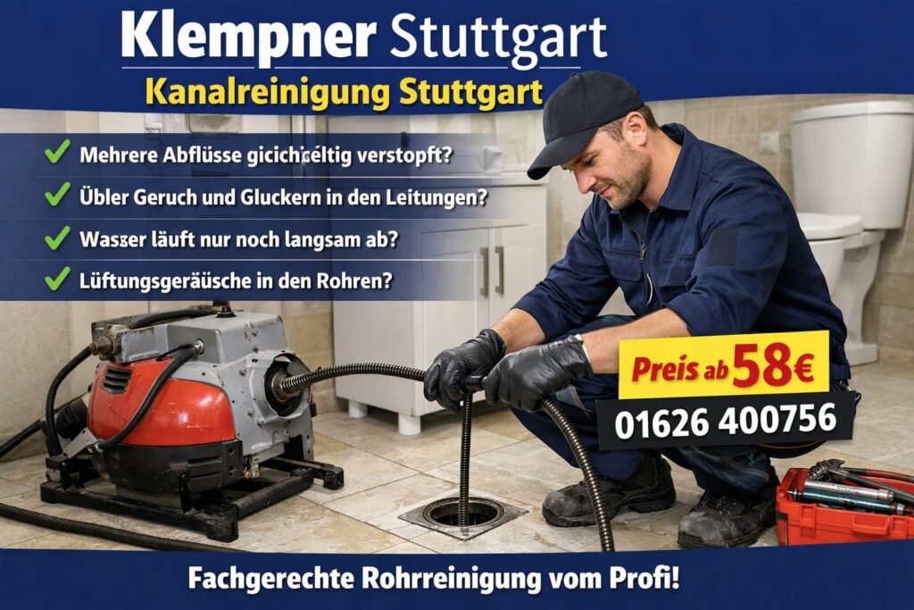 Fachmann von Klempner Stuttgart reinigt verstopften Abfluss – Kanalreinigung in Stuttgart.