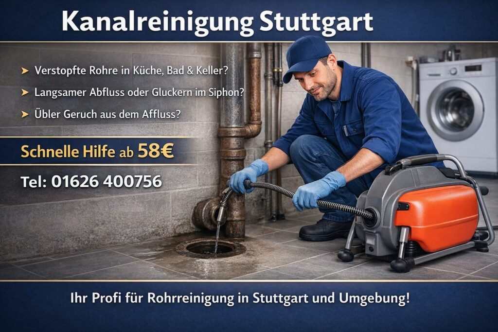 Klempner Stuttgart bei der professionellen Kanalreinigung in Keller, Küche und Bad – schnelle Rohrreinigung ab 58€.