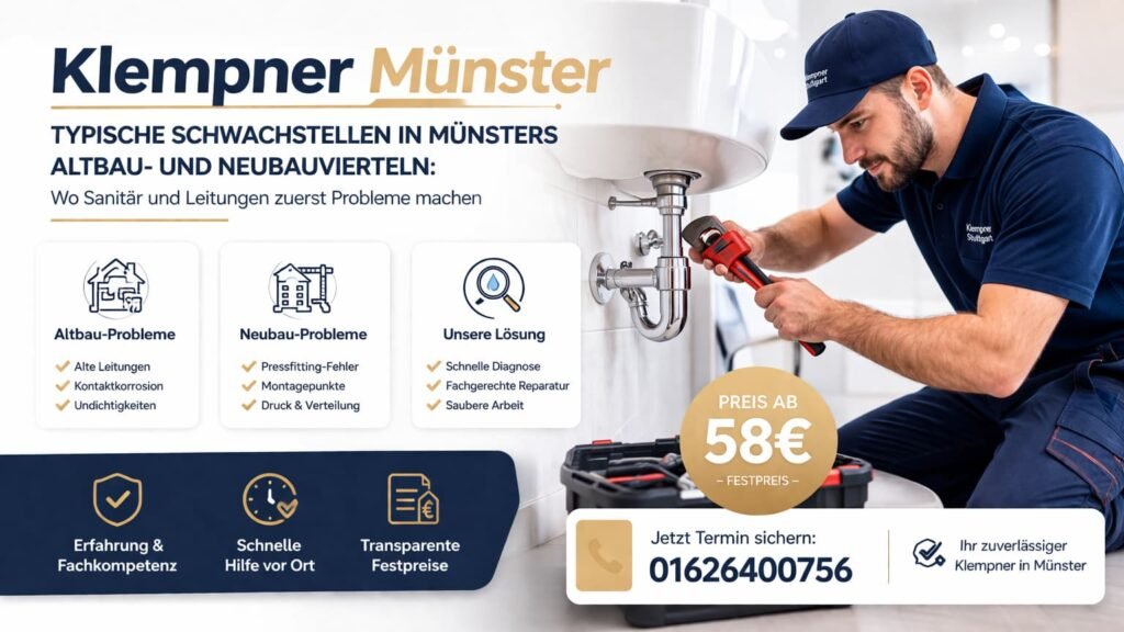 Klempner Münster repariert undichte Rohrleitungen im Bad – professioneller Sanitärservice ab 58€ mit schneller Hilfe vor Ort.