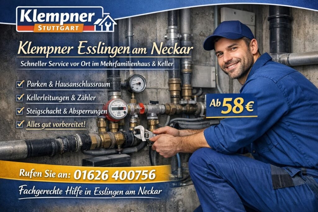 Klempner in Esslingen am Neckar repariert Rohrleitung im Keller eines Mehrfamilienhauses – schneller Service ab 58 € in Stuttgart
