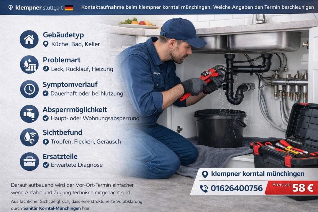 Klempner Stuttgart behebt Rohrleck in Korntal Münchingen – schneller Service ab 58€ mit Notdienst Telefonnummer