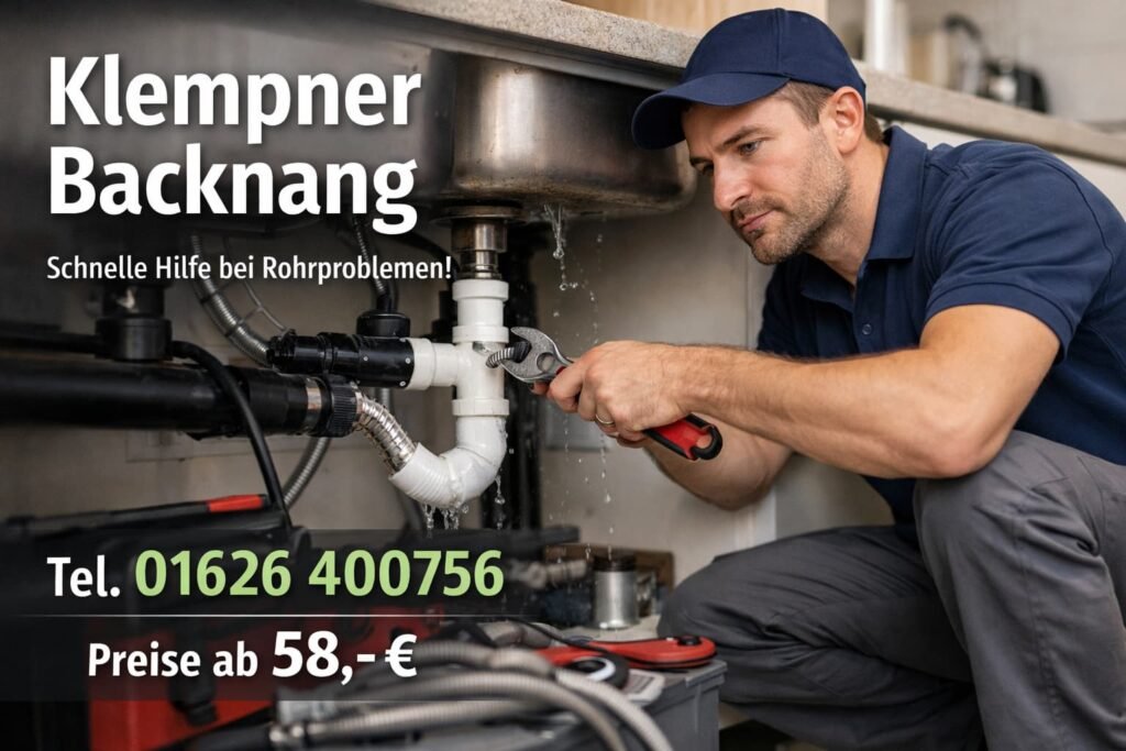 Bild eines deutschen Klempners bei der Reparatur eines Wasserlecks in Backnang mit eingeblendeter Telefonnummer und Service ab 58 €