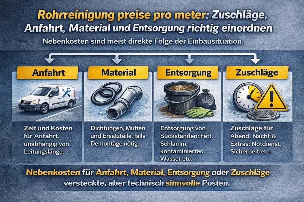 Rohrreinigung preise pro meter: Zuschläge, Anfahrt, Material und Entsorgung richtig einordnen