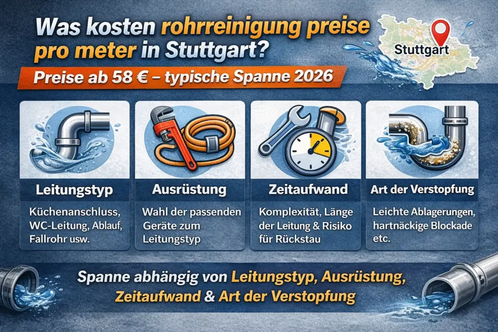 Was kosten rohrreinigung preise pro meter in Stuttgart? Preise ab 58 € – typische Spanne 2026