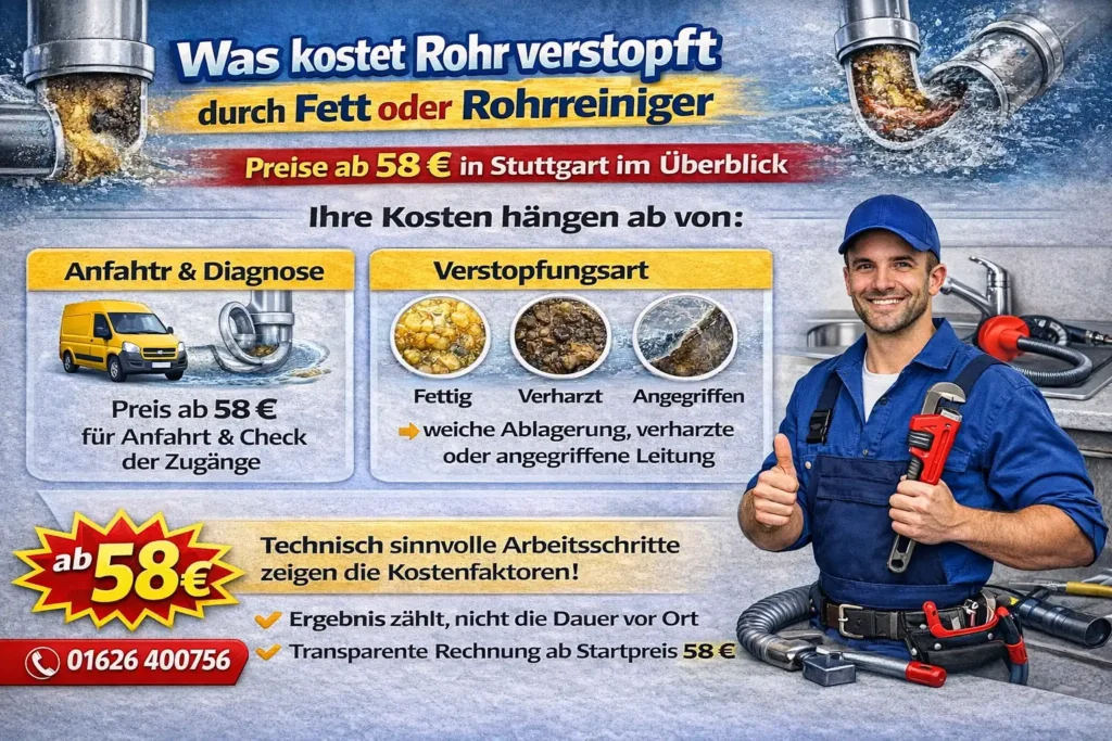 Was kostet Rohr verstopft durch Fett oder Rohrreiniger? Preise ab 58 € in Stuttgart im Überblick
