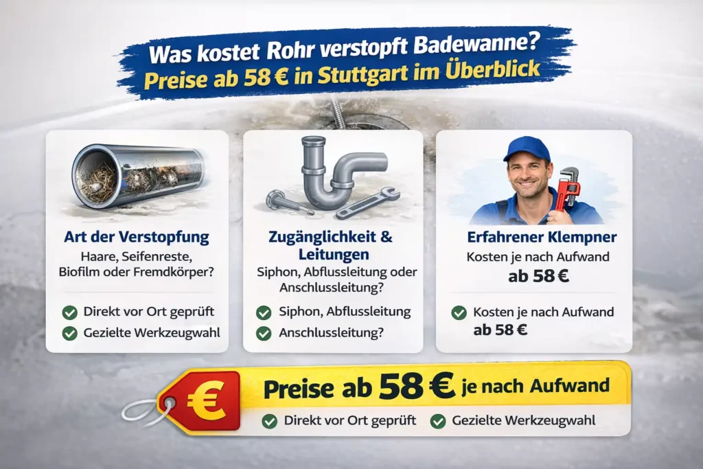 Was kostet rohr verstopft badewanne? Preise ab 58 € in Stuttgart im Überblick
