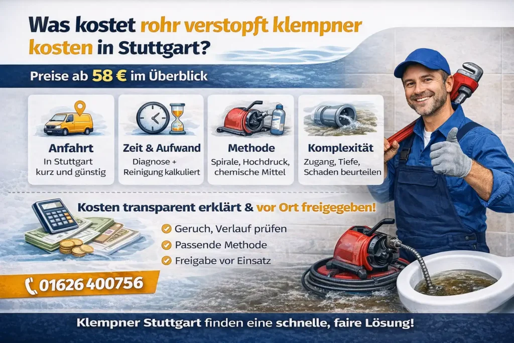 Was kostet rohr verstopft klempner kosten in Stuttgart? Preise ab 58 € im Überblick