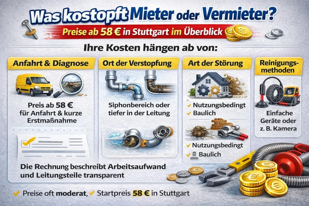 Was kostet rohr verstopft mieter oder vermieter? Preise ab 58 € in Stuttgart im Überblick