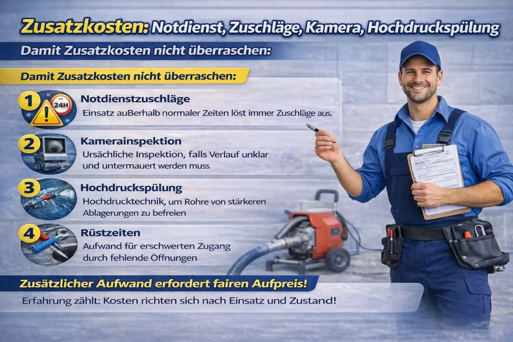 Zusatzkosten: Notdienst, Zuschläge, Kamera, Hochdruckspülung