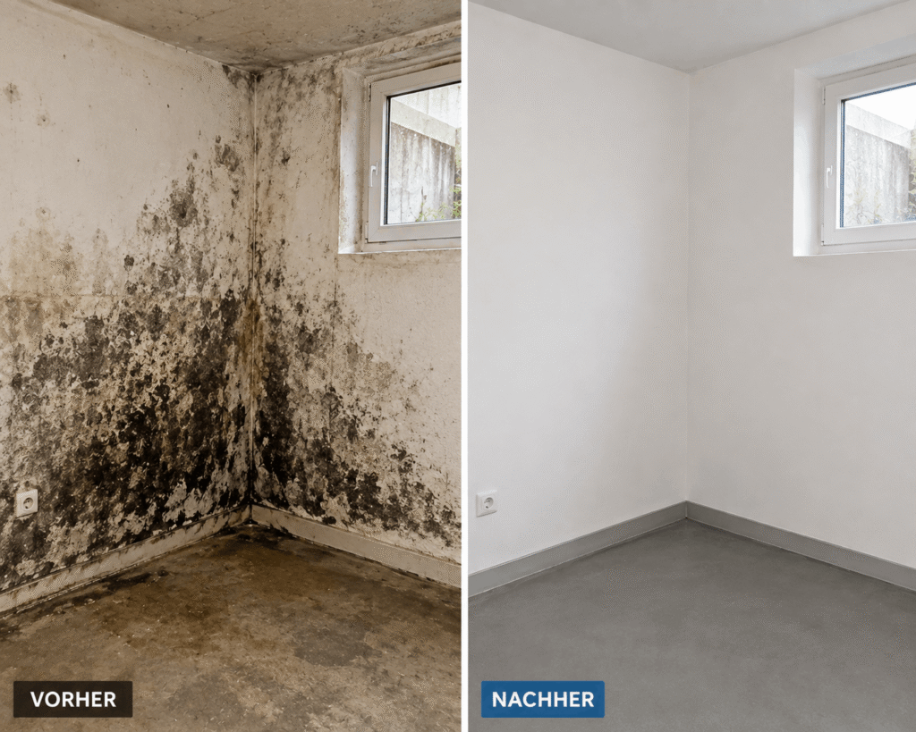 Schimmelschaden sanieren – Fachmann entfernt Schimmel und trocknet eine feuchte Wand in Stuttgart fachgerecht
