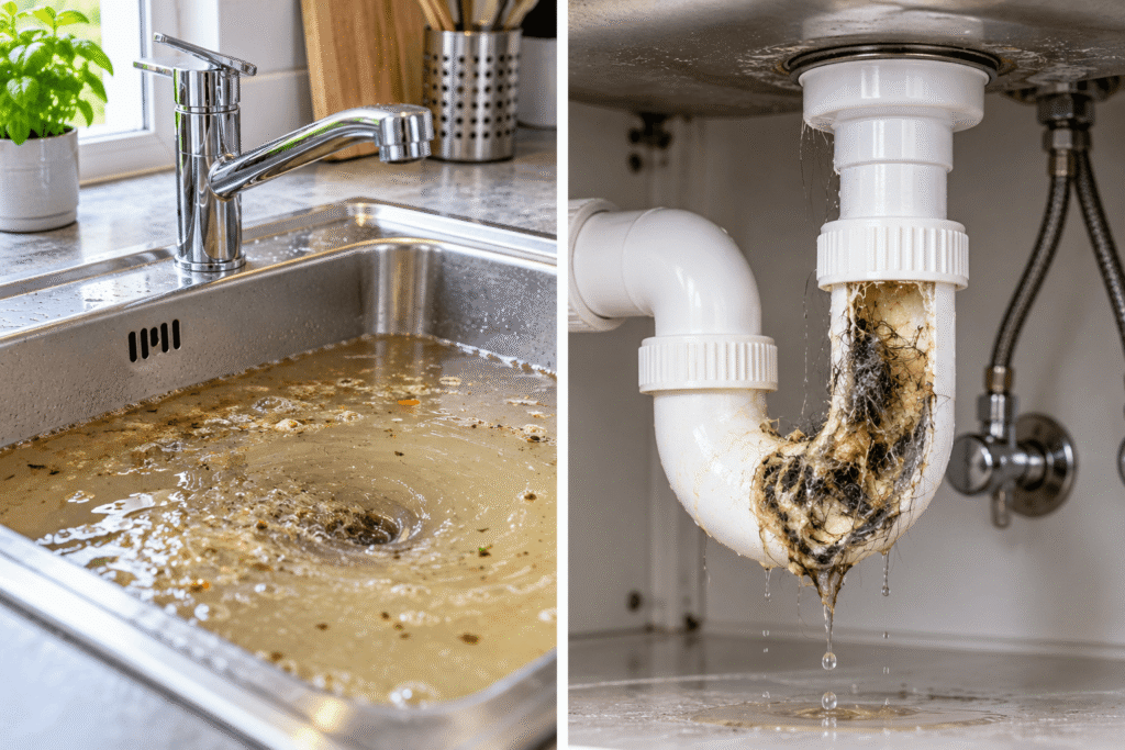 Verstopfter Siphon mit Ablagerungen unter dem Waschbecken.
