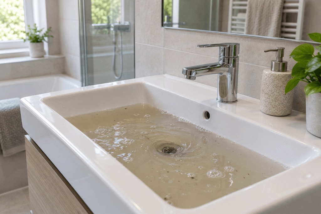 Verstopfter Abfluss mit Wasserstau im Waschbecken.