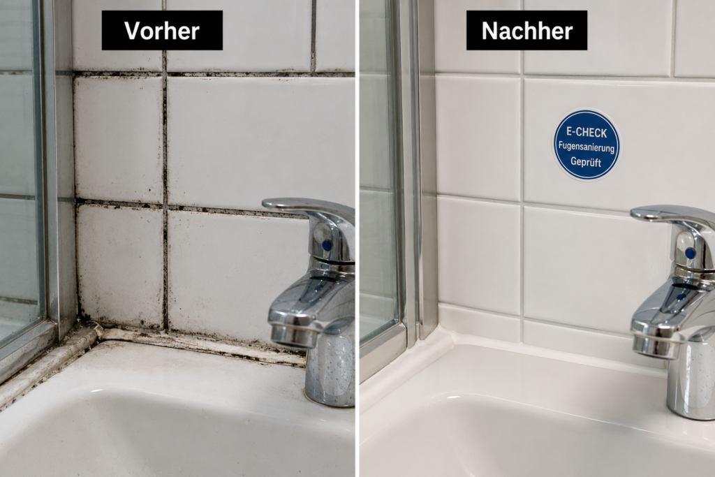 Fugensanierung Stuttgart Vorher-Nachher-Vergleich: Schimmelbefallene, undichte Badezimmerfugen vs. professionell erneuerte Silikon- und Fliesenfugen mit Prüfsiegel.