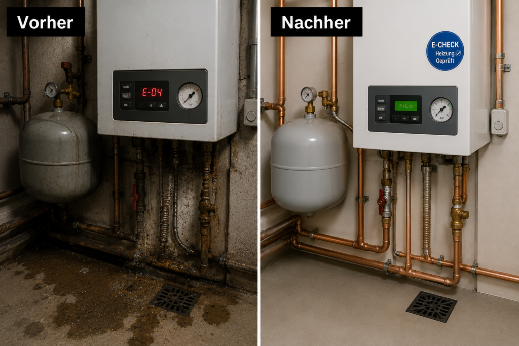Heizungsnotdienst Stuttgart Vorher-Nachher-Vergleich: Defekte Gastherme mit Fehlercode E-04 und Wasseraustritt vs. saniertes Heizsystem mit grünem Statusfeld und E-CHECK Plakette.