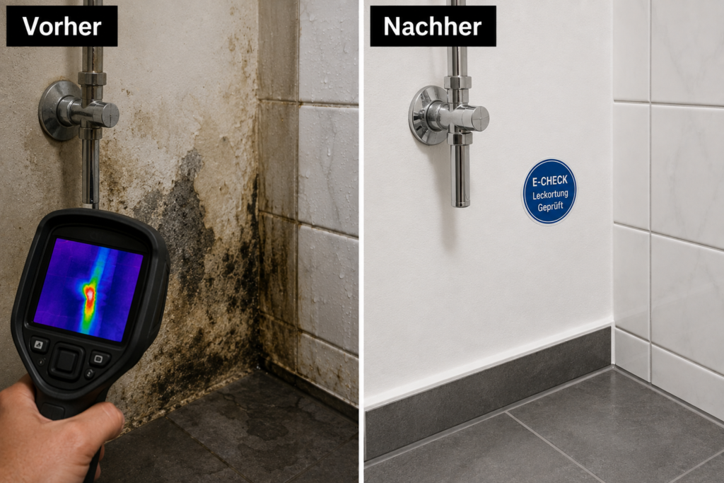 Leckortung Stuttgart Vorher-Nachher-Vergleich: Thermografische Ortung eines Wasserschadens an feuchter Wand vs. vollständig sanierter Bereich mit E-CHECK Prüfsiegel.