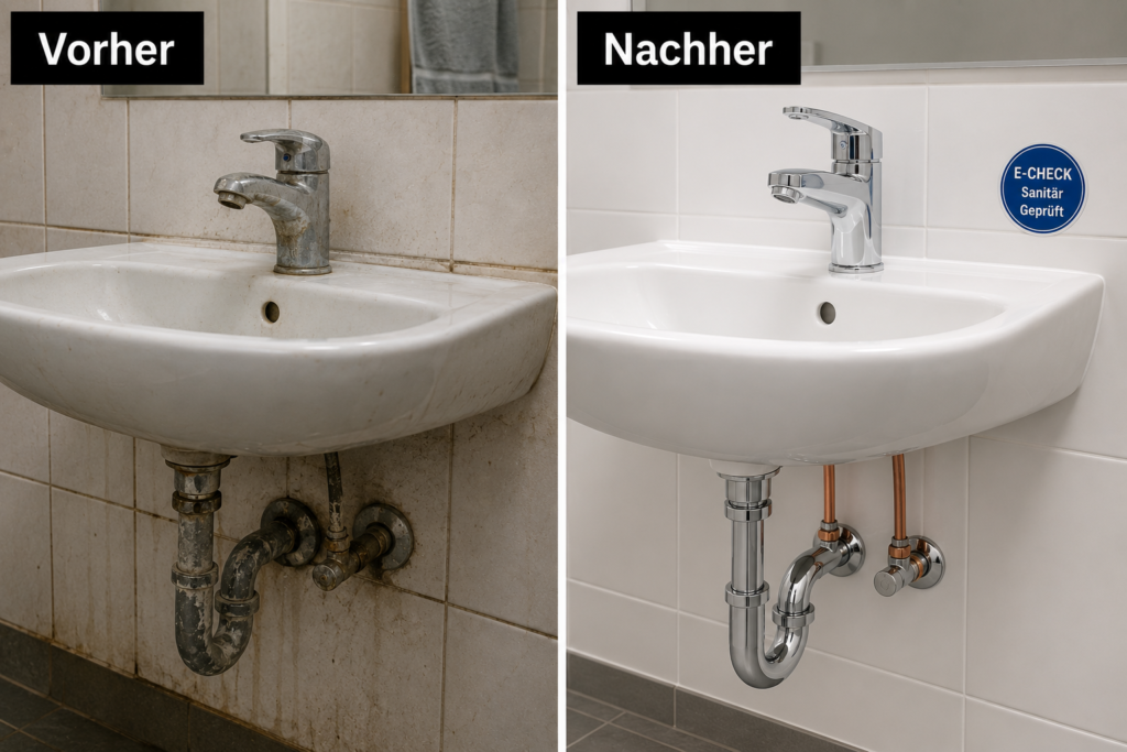 Sanitärtechnik Stuttgart Vorher-Nachher-Vergleich: Veraltete, verkalkte Waschbecken-Armatur und korrodierter Siphon vs. neu installierter Siphon, Glanzarmatur und E-CHECK Prüfsiegel.