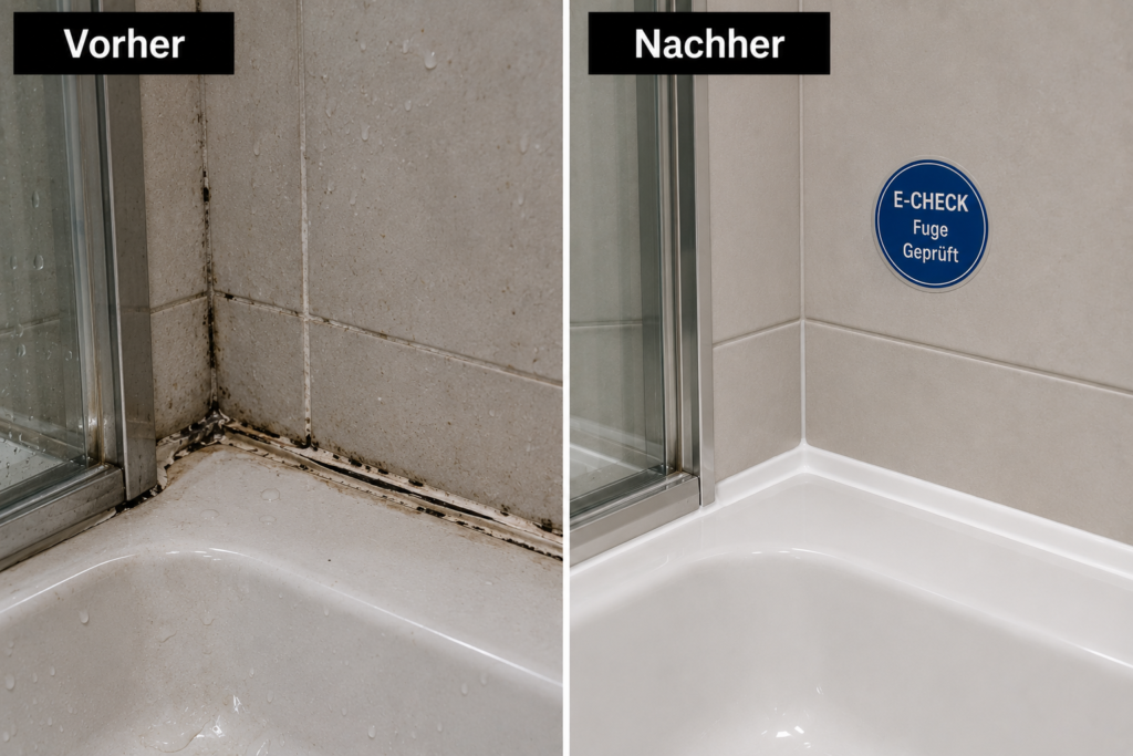 Silikonfugen erneuern Stuttgart Vorher-Nachher-Vergleich: Verschimmelte, poröse Duschfuge vs. sauber verglasungserneuerte Silikonfuge mit E-CHECK Prüfsiegel.