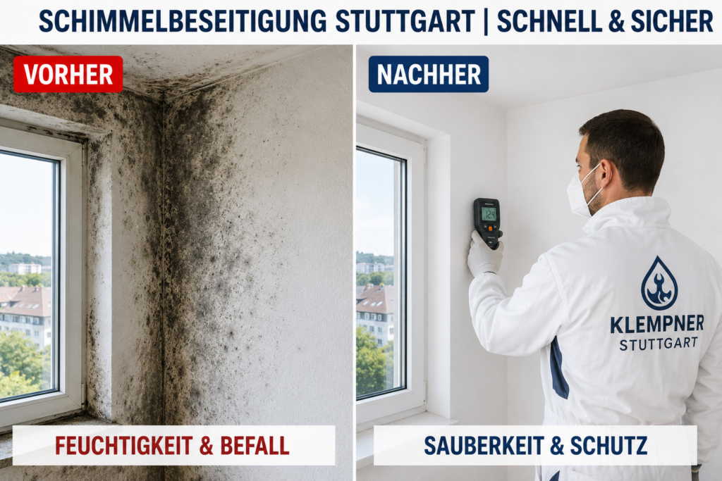 Vorher-Nachher-Vergleich einer professionellen Schimmelbeseitigung und Feuchtemessung an einer Wand in Stuttgart durch einen Klempner.