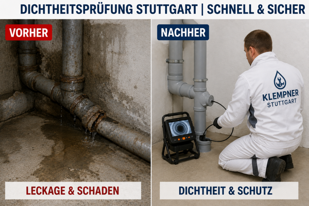Vorher-Nachher-Vergleich einer professionellen Dichtheitsprüfung und Rohrinspektion im Keller in Stuttgart durch einen Klempner.