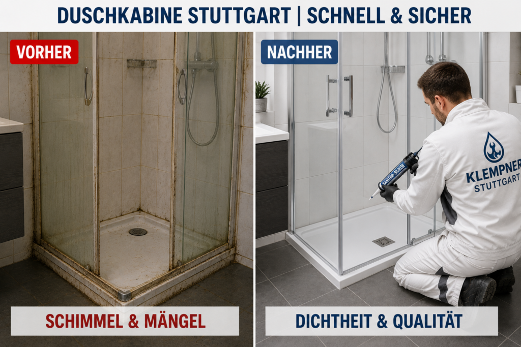 Vorher-Nachher-Vergleich einer professionellen Duschkabinen-Montage und Fugenabdichtung im Badezimmer in Stuttgart durch einen Klempner.