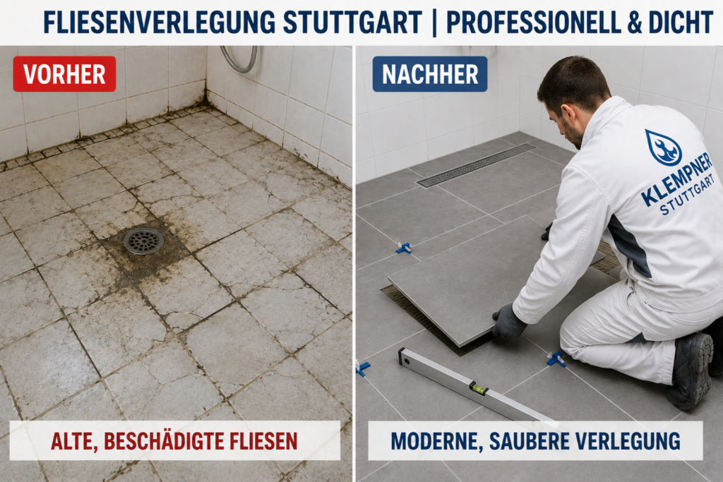 Vorher-Nachher-Vergleich einer professionellen Fliesenverlegung und Badrenovierung in Stuttgart durch einen Klempner.