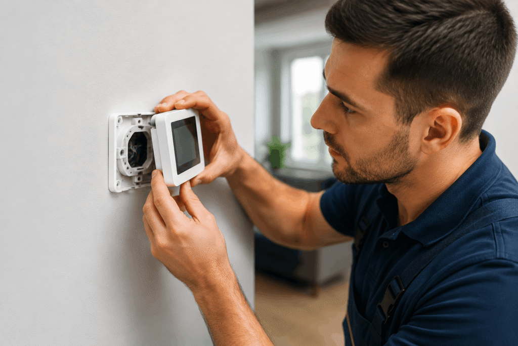 Thermostat heizung wechseln digital– Fachtechniker prüft Ventilgewinde, Adapter und Ventilstift am Heizkörper