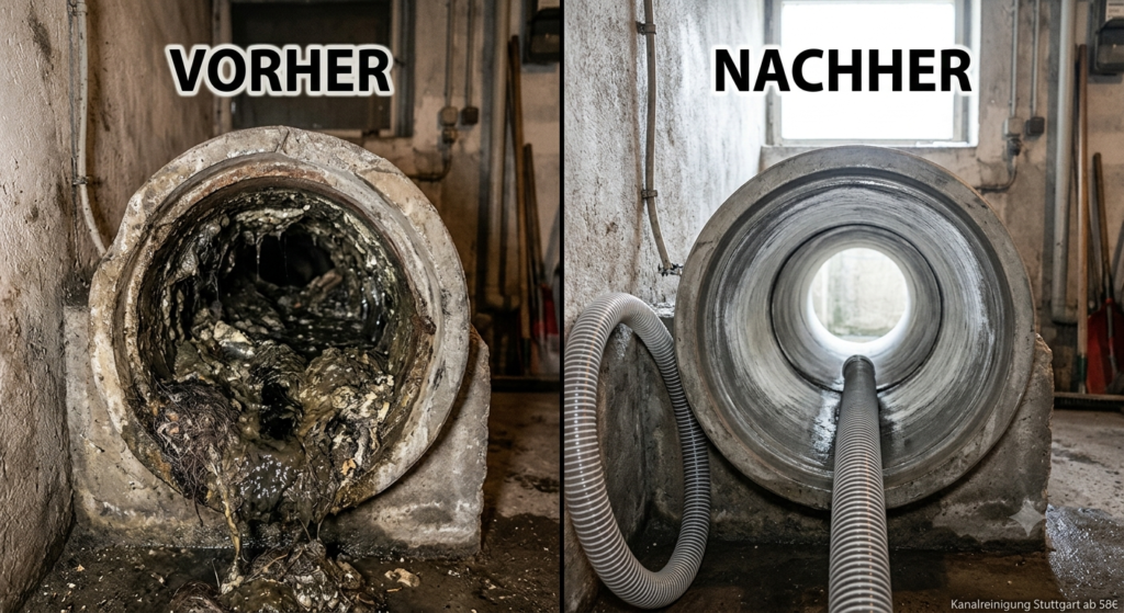 Vergleichsbild einer Kanalreinigung in Stuttgart: Links ein schwer verstopfter Grundkanal mit Schlamm, Sedimenten und Wurzelresten (VORHER), rechts der komplett freigespülte und saubere Betonschacht nach der professionellen Kanalreinigung (NACHHER).