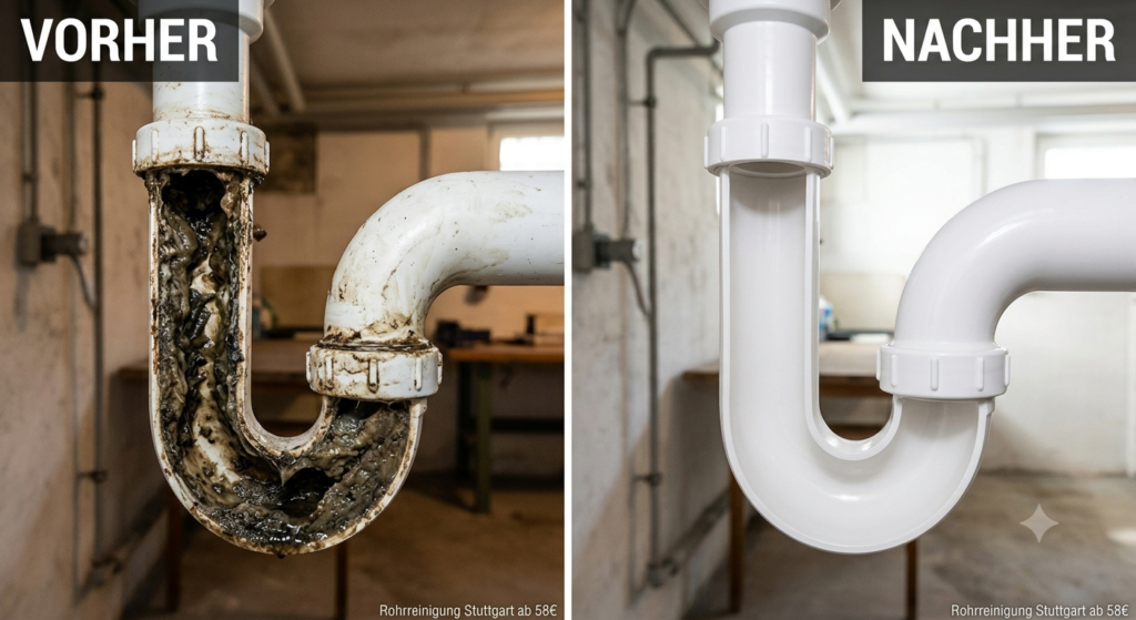 Vergleichsbild einer Rohrreinigung in Stuttgart: Links ein stark verstopfter Abfluss-Siphon voller Fett- und Schmutzablagerungen (VORHER), rechts ein komplett gereinigter, freier und sauberer Siphon nach dem Klempner-Einsatz (NACHHER).