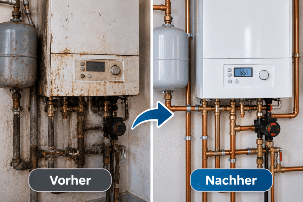 Heizungscheck selber machen – Vorher-Nachher-Vergleich einer Heizungsanlage mit sauberen Rohrleitungen